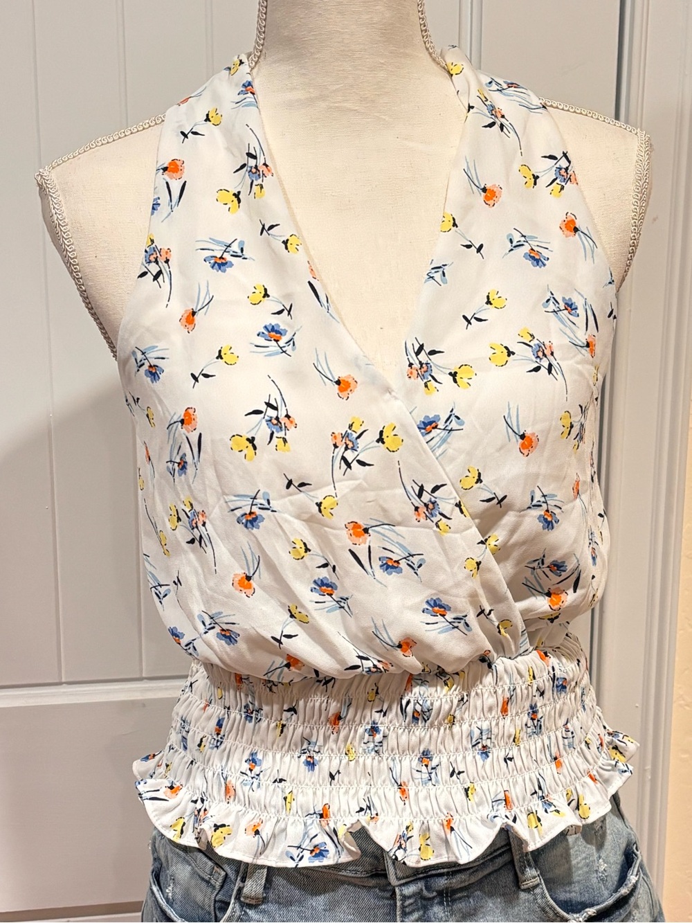 Floral Wrap Smocked Waist Halter Top Size M